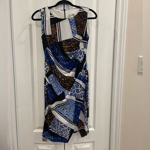 Joseph Ribkoff Blue Brown Animal Print Patchwork Sleeveless Cocktail Dress